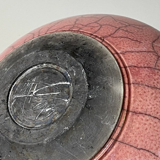 Pink Vintage Pink Raku Fired Incised Ceramic Vessel, Signed (1993) For Sale - Image 8 of 9