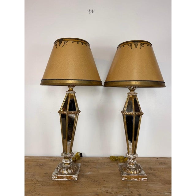 An absolutely captivating and highly collectible pair of vintage Italian mirrored obelisk table lamps, in the style of...