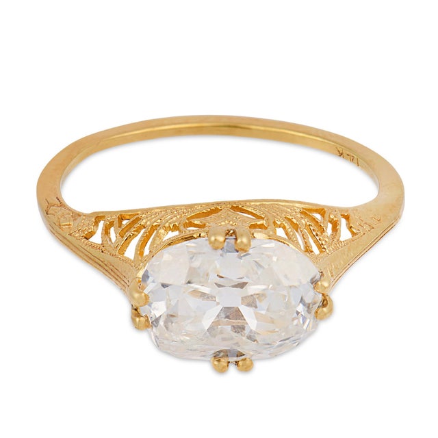 Contemporary Vintage Gia 2.08 Carat Old Mine Cut Diamond East-West 14k Yellow Gold Ring, Size 6 For Sale - Image 3 of 7