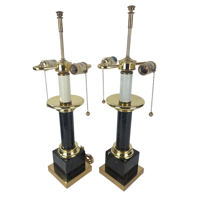 Mid-Century Modern 1980s Brass & Black Marble Neoclassical Column Table Lamps, a Pair For Sale - Image 3 of 14