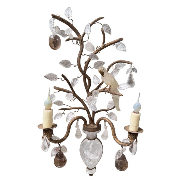 French 1980s French Baguès Style Rock Crystal, Smoky Quartz & Parrot Sconces - Pair For Sale - Image 3 of 10