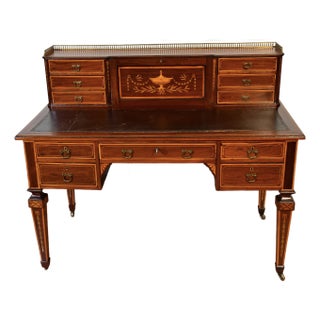 1900s Antique Federal Style Inlaid Mahogany Writing Desk With Leather Top & Gallery Birmingham Desk For Sale
