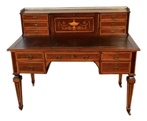 1900s Antique Federal Style Inlaid Mahogany Writing Desk With Leather Top & Gallery Birmingham Desk