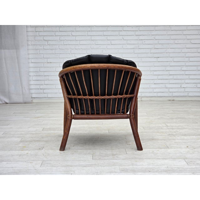 Danish Armchair in Rattan and Black Leatherette, 1970s For Sale - Image 11 of 18