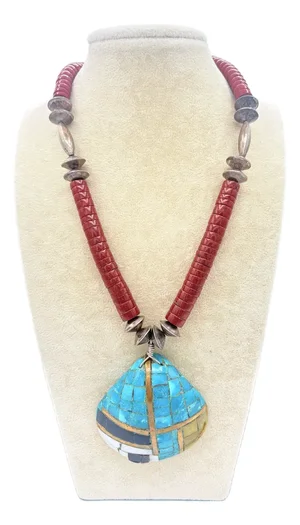 1990s Handcrafted Southwestern Style Mosaic Pendant • Jasper, Aventurine, Onyx