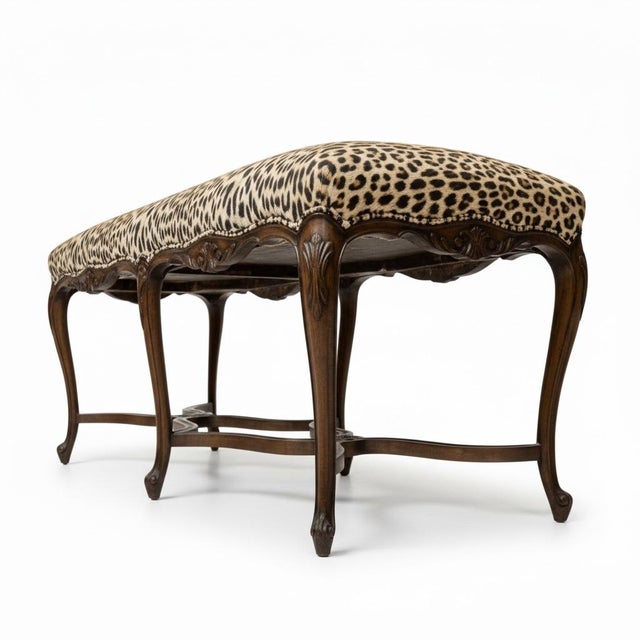 Mid 20th Century Mid-Century Italian French Louis XV Style Carved Fruitwood Bench Leopard Velvet For Sale - Image 5 of 7