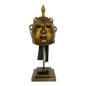 John Richard Brass Asian Helmet Mask on Stand Sculpture
