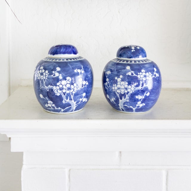 Blue Pair of Blue and White Chinese Chinoiserie Prunus Blossom Lidded Ginger Jars For Sale - Image 8 of 14