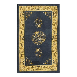 1920s Navy Floral Birds Medallion Antique Chinese Peking Knotted Wool Carpet Rug For Sale
