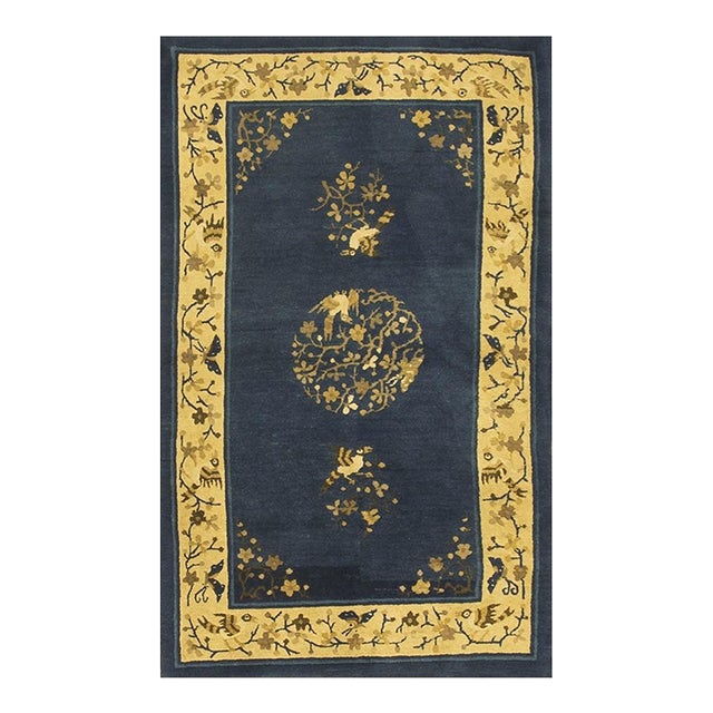 1920s Navy Floral Birds Medallion Antique Chinese Peking Knotted Wool Carpet Rug For Sale