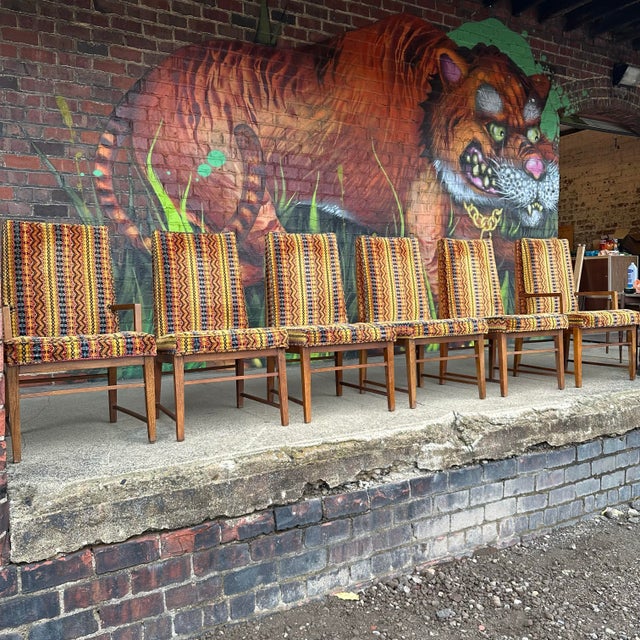 Mid century modern Set of 6 Walnut Founders Dining Chairs. This stunning set is covered in a velvet geometrical design....