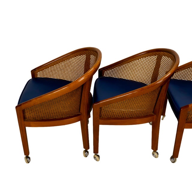 1970s Set of 4 Bent Oak & Cane Tub Chairs on Casters W/ Royal Blue Cushions in the Manner of Ward Bennett For Sale - Image 15 of 18