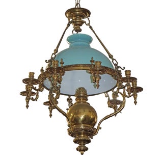 Late 19th Century Brass Kerosene Oil Chandelier With Blue Shade For Sale