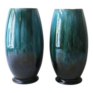 Emerald Green and Black McCoy Pottery Vases, Pair