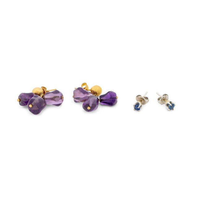 Contemporary 14k Gold Amethyst Drops & Blue Spinel Studs Set For Sale - Image 3 of 8