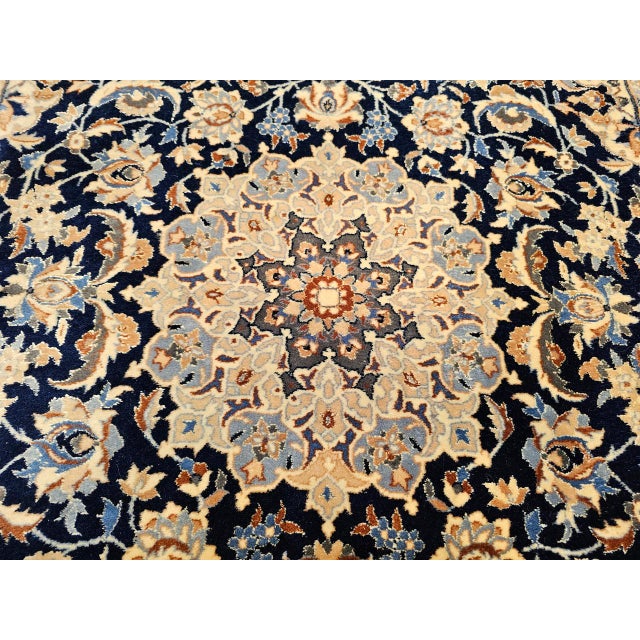 Vintage Persian Nain Area Rug, Hand-Knotted Wool & Silk, Floral Pattern, 4x6, Navy & Ivory For Sale - Image 15 of 18