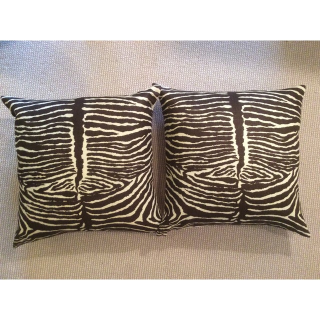 Brunschwig and Fils "Le Zebre" Charcoal Brown & Off-White Pillows - a Pair For Sale - Image 4 of 5