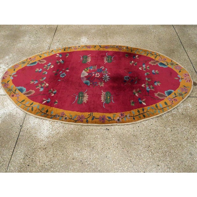 Textile Galerie Shabab Collection Oval Mid-20th Century Handmade Chinese Art Deco Accent Rug in Red and Goldenrod For Sale - Image 7 of 9