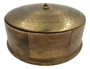 Handcrafted Indian Mango Wood Round Box With Stunning Etched Brass Lid