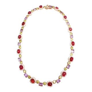 Bochic “Capri” Vintage Ruby, Amethyst, Peridot Necklace Set 18K Gold & Silver For Sale