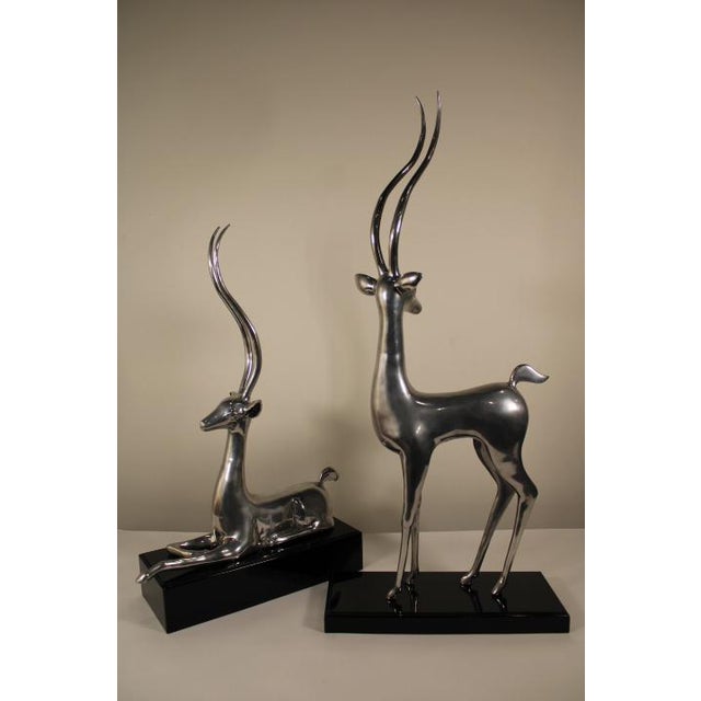 Contemporary Late 20th Century Silver Plated Deer With Tall Antlers on Glossy Black Bases - Set of 2 For Sale - Image 3 of 13