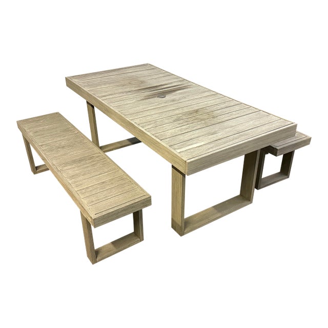 West Elm Portside Extension Dining Table + Benches, Set of Three For Sale