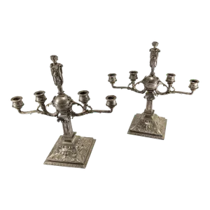 Early 20th Century Pair of Silvered White Bronze Neo-Classical Candelabra Candlesticks