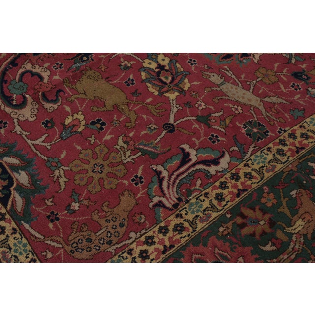 Early 20th Century Hand-Knotted Antique Indian Agra Rug in All Over Pink, Green Hunting Pictorial For Sale - Image 5 of 7