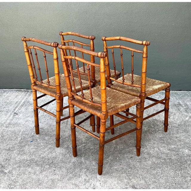 Wood Vintage Bamboo-Style Wood and Cane Chairs - Set of 4 For Sale - Image 7 of 14