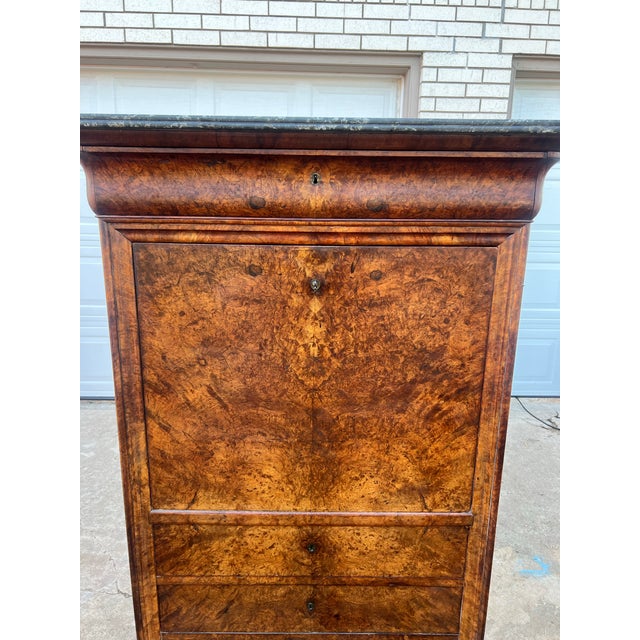 French 19th Century Louis Philippe Burl Walnut Marble Top Secretaire For Sale - Image 6 of 12