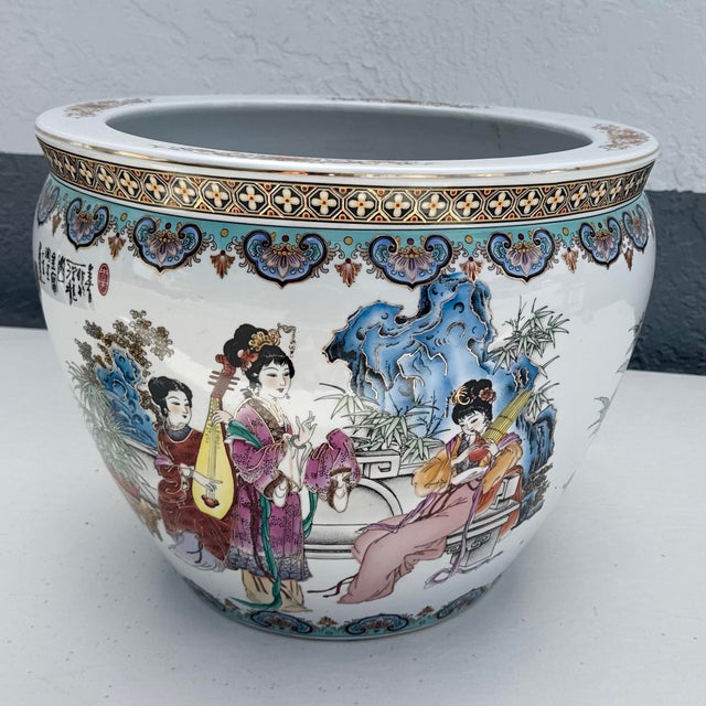 Chinese Vintage Chinese Hand Painted Porcelain Fish Bowl Vase For Sale - Image 3 of 10