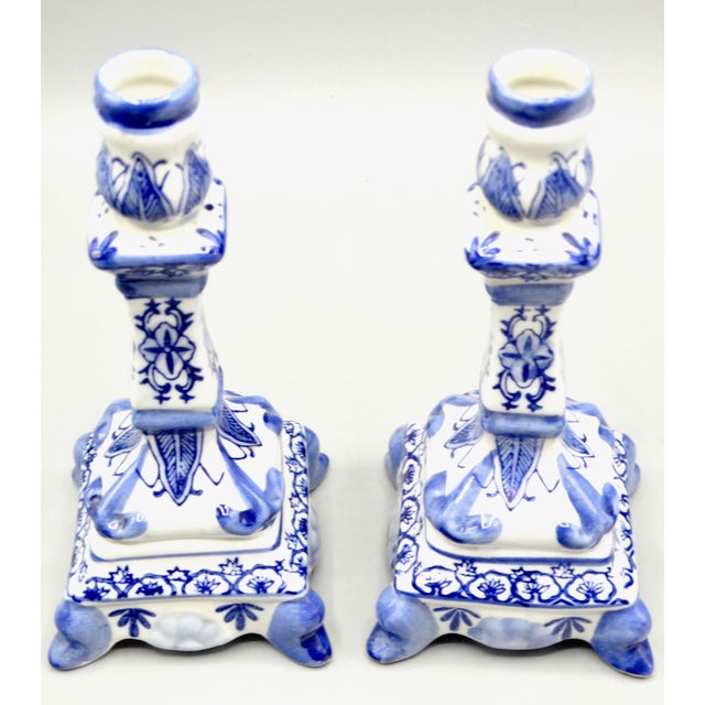 Vintage Delft Style Floral Candlesticks, a Pair For Sale - Image 6 of 7
