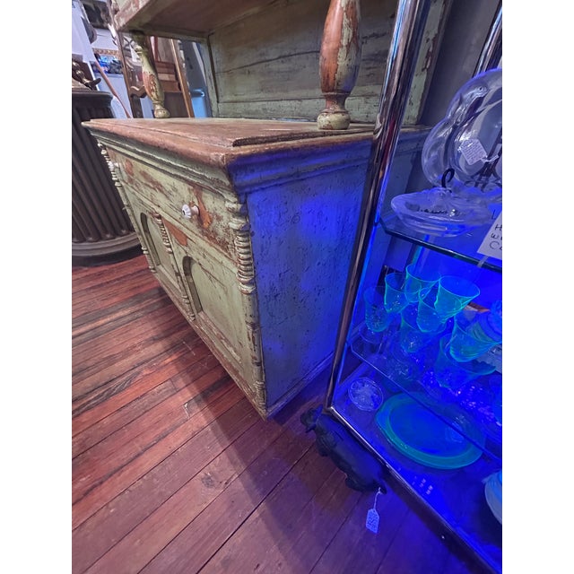 Antique Country Celadon Green Painted Distressed Stepback Cupboard Cabinet For Sale - Image 11 of 18