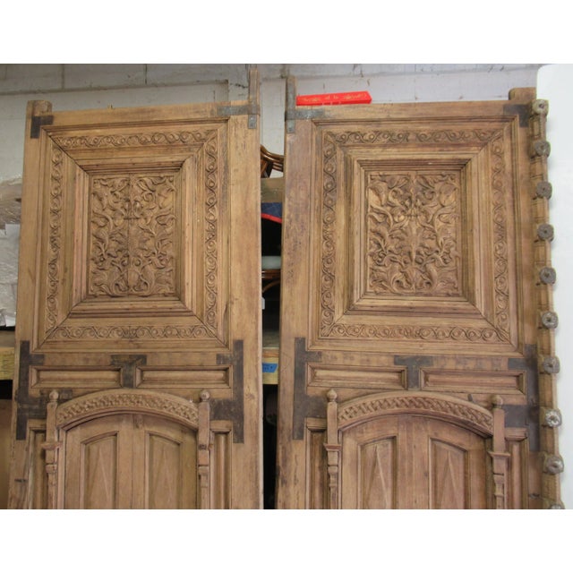 Vintage C1870's - C.1910's Imported Moroccan Large Hand Honed and Carved Wood & Iron Forged Doors - a Pair For Sale In Miami - Image 6 of 13