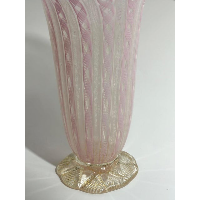 Metal Murano Pink Zanfirico and Latticino Glass Trumpet Vase, Italy, 1950s For Sale - Image 7 of 10