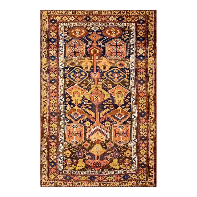 1900s Blue Navy Geometric Tribal Antique Persian Kurdish Rug 5'0" X 7'7" Handknotted Wool Carpet For Sale