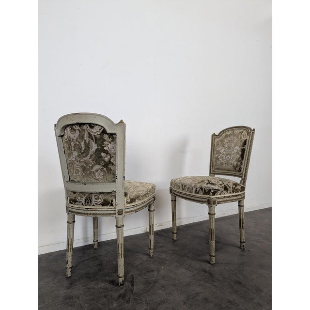 Louis XVI Style Cream Lacquered and Upholstered Cabriolet Salon Set with Gilded Highlights, Set of 6, in Very Good...