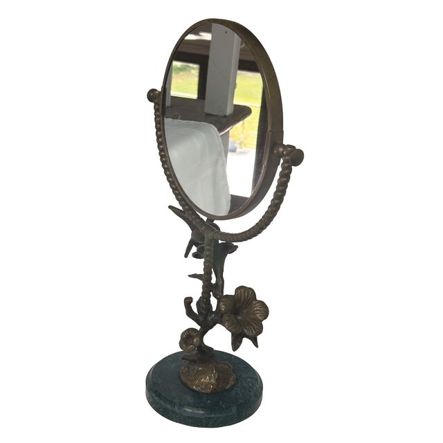 Traditional Brass and Marble Hummingbird & Flower Tabletop Vanity Mirror For Sale - Image 3 of 12