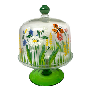 Royal Danube Crystal Glass Cake or Dessert Stand With Cloche Lid Decorated With Flowers and Butterflies in Romanian Floral Meadow