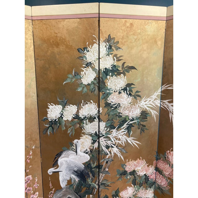 Mid 20th Century Mid-Century Japanese Style Hand Painted Four-Panel Screen by Lucien Leinfelder For Sale - Image 5 of 13
