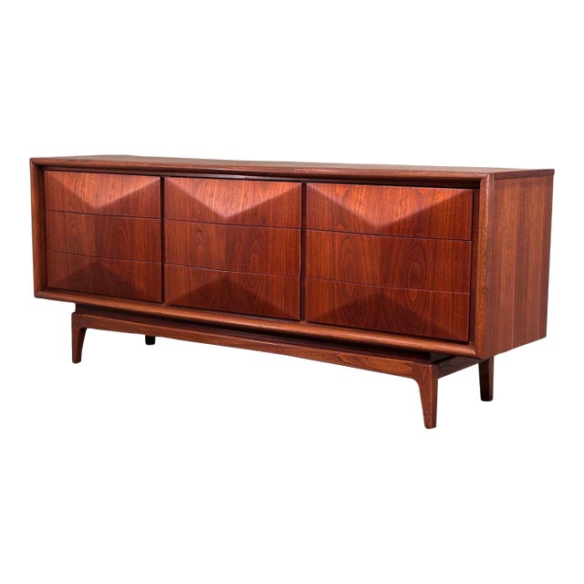 Restored United Diamond Front Dresser Nine Drawer Walnut Lowboy For Sale