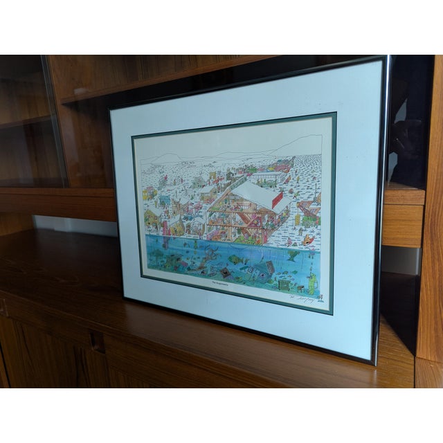 Metal 1987 Pencil Signed Bruce Johnson Whimsical Ice Fishing Print "The Augernauts" Framed For Sale - Image 7 of 9