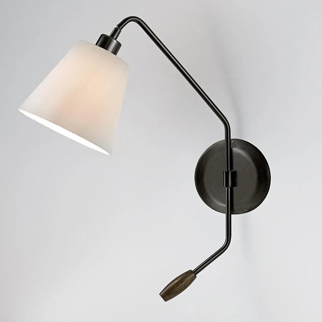 Black Bronze Wall Light With Fabric Shade and Wooden Handle For Sale - Image 4 of 4