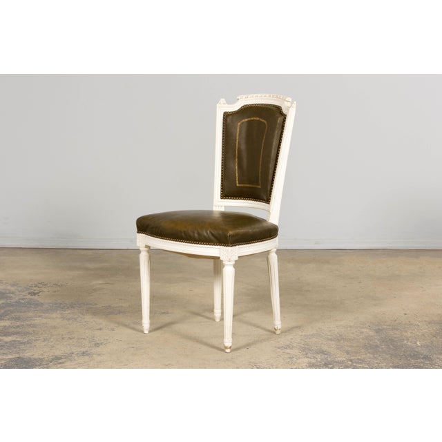 Wood Antique French Louis XVI Style Painted Chairs With Olive Green Leather - A Pair For Sale - Image 7 of 18