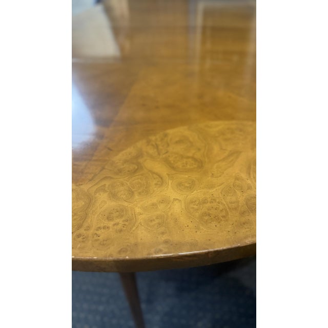 1960s Mastercraft Burl Wood Expandable Round Dining Table With Brass Pedestal Base and Three Leaves For Sale In Boston - Image 6 of 12