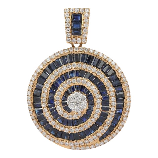 Circular Blue Sapphire & Diamond Statement Wedding Pendant For Sale