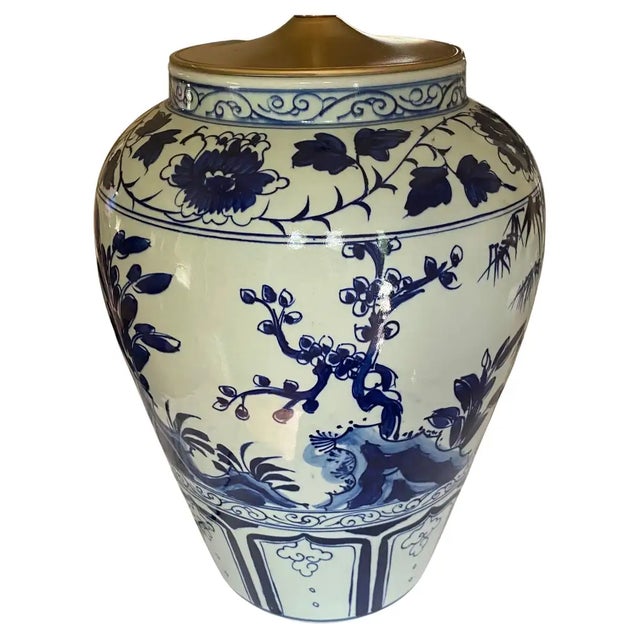 Chinoiserie Blue and White Porcelain Ginger Jar Table Lamp Landscape Motif For Sale - Image 4 of 16