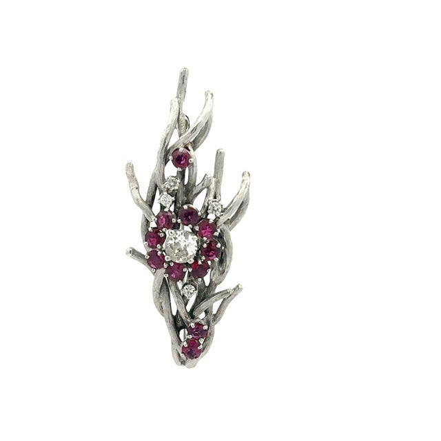 Contemporary Ruby Diamond 18k White Gold Floral Motiff Brooch For Sale - Image 3 of 6