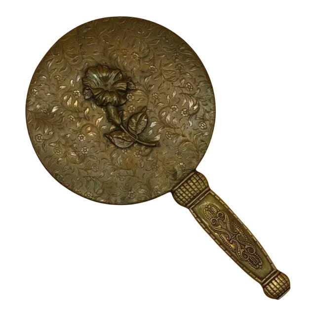 Vintage Art Nouveau Style Repoussé Bronze Hand Mirror With Floral Motif For Sale