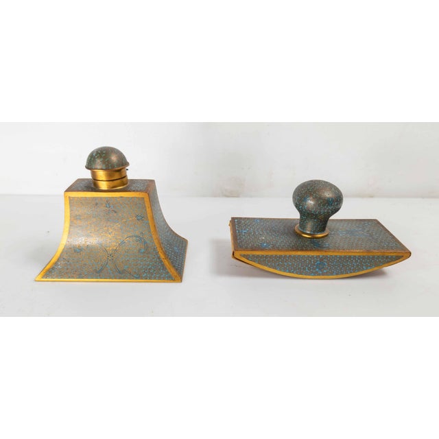 Teal 20th Century Chinese Turquoise Teal Cloisonne Enamel Desk Set For Sale - Image 8 of 15